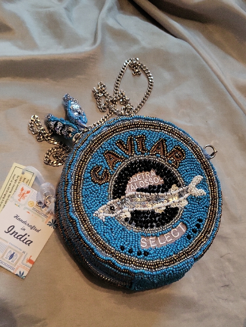 Handcrafted In India Caviar Beaded Bag W Fish Zipper Pulls Bnwt ML Eh